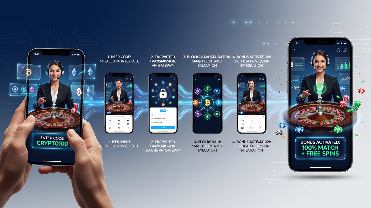 Backend dashboard displaying real-time bonus code processing for crypto live dealer sessions