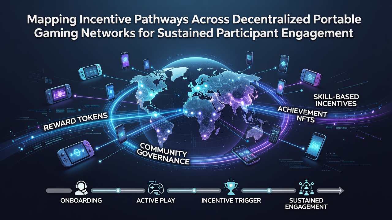 Decentralized portable gaming networks showing interconnected mobile devices and incentive pathways