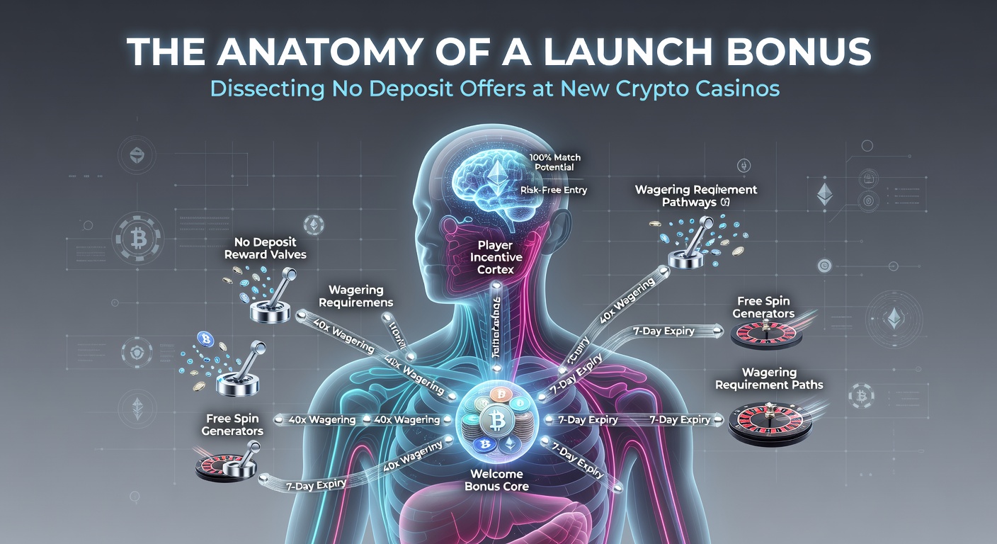 Digital illustration of a futuristic casino chip morphing into cryptocurrency tokens, symbolizing no-deposit bonuses in crypto gaming platforms
