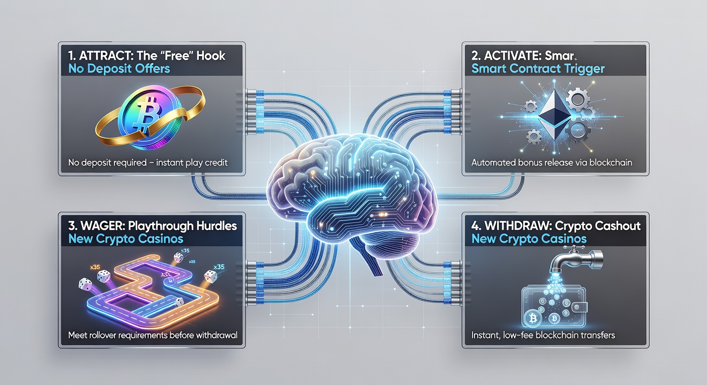 Close-up graphic of a dissected casino bonus structure, showing layers like wagering requirements, crypto tokens, and payout caps exploding outward